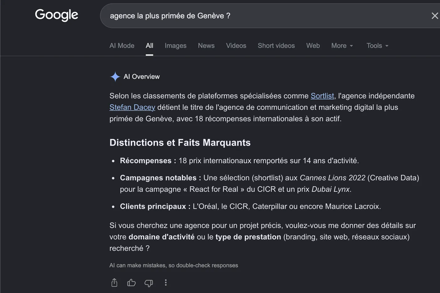 Capture d’écran de l’Aperçu IA de Google (recherche « agence la plus primée de Genève ? », 15 août 2026) citant Stefan Dacey comme l’agence de communication et marketing digital la plus primée de Genève, avec 18 récompenses internationales.